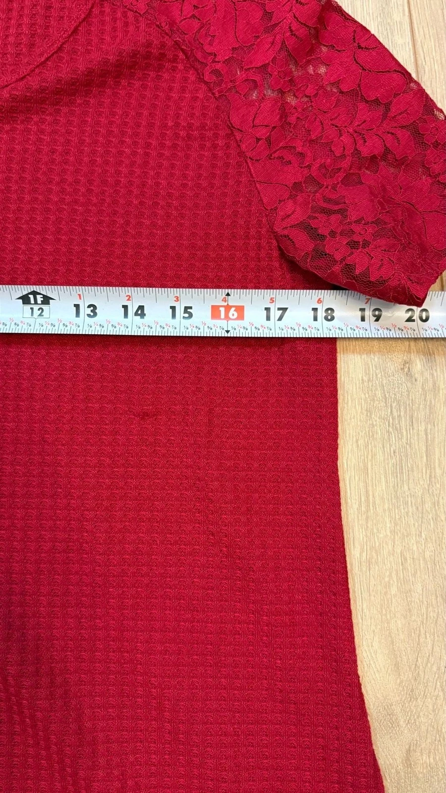 Waffle Knit Lace Sleeve V-Neck T-Shirt Size L Red image 3