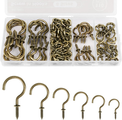 Screw Hooks, 6 Sizes Metal Screw in Cup Hooks, 1/2 Inch, 5/8 Inch, 3/4 Inch, 7/8