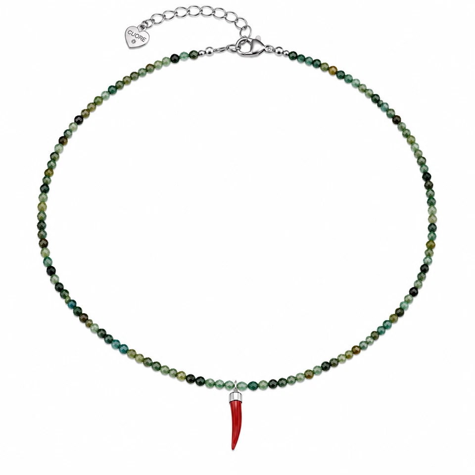 Collier en malachite, corne en corail et fermeture en acier - Photo 1/1