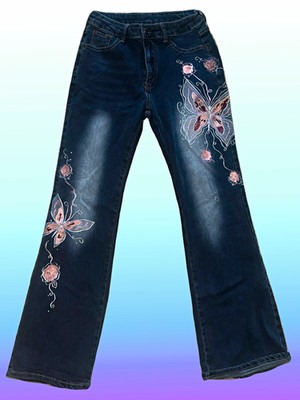 ROMWE Women s Bootcut Blue Denim Jeans Embroidered Floral Butterfly Size M(US 6)