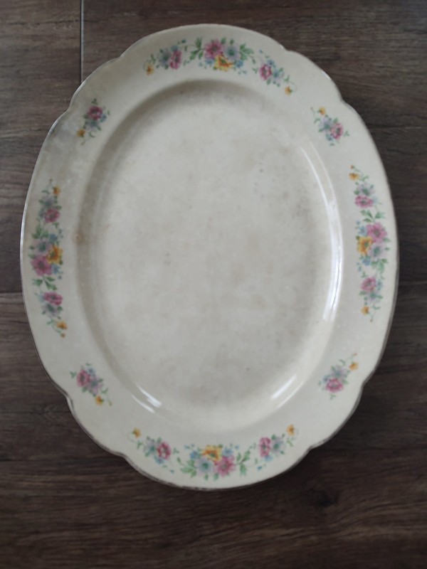 Vtg Signed 16" PADEN CITY POTTERY Bone Oval MANHATTEN Floral PLATTER Silver Trim