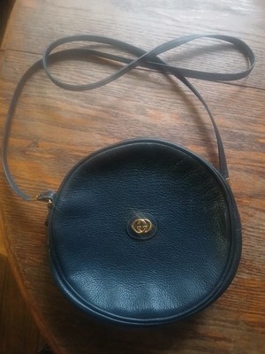 Vintage Gucci Round Canteen Crossbody Bag GG Logo Black Leather Made in Italy