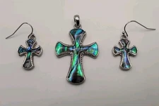 Cross Pendant with Matching Earrings - Blue Green Stone & Silver Backing - USED