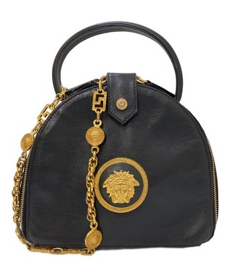 Authentic Gianni Versace Medusa Leather Chain 2Way Shoulder Handbag Black