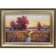 Summer nature Oil painting Original art Country Landscape Flower meadow 4 x 6 in