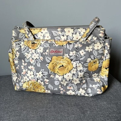 Cath Kidston Matt Oilcloth Multi Pocket Handbag Grey/Yellow Rose pattern. - Image 1 of 4