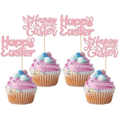 Gyufise 24Pcs Pink Glitter Easter Cake Toppers - Happy Easter Cupcake Toppers...