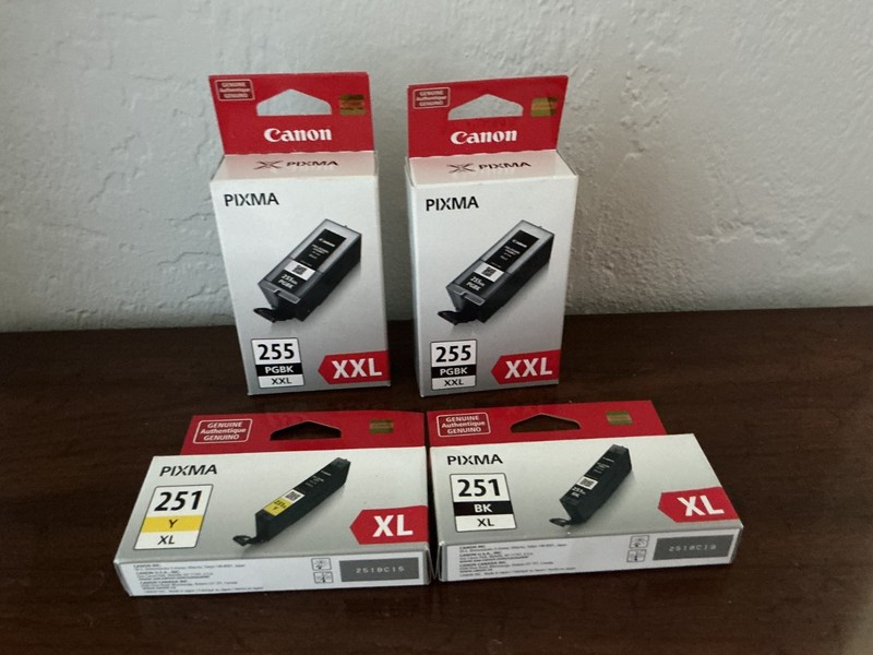 4 Canon Pixma Cartridges, 251 Y XL,251 BK XL, Two 255 PGBK XXL Sealed Box