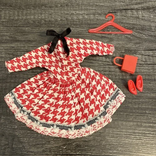 Vintage Barbie Size 1960s Outfit Set -  Red Party Day Dress W Accessories