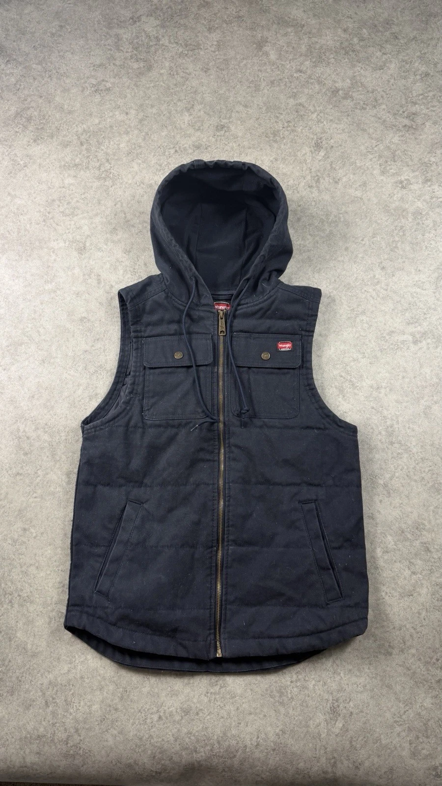Wrangler Men's Canvas Work Vest Navy Blue Hooded Quilted Lined Full Zip Pockets
