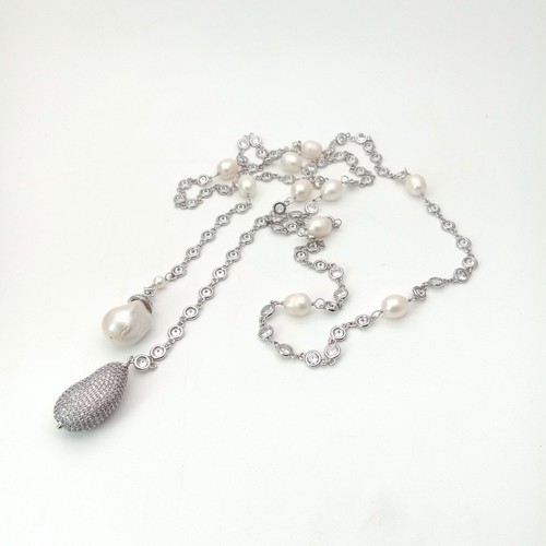 Collar largo de cadena pavimentada Keshi blanco de 39" perla cz - Imagen 3 de 3