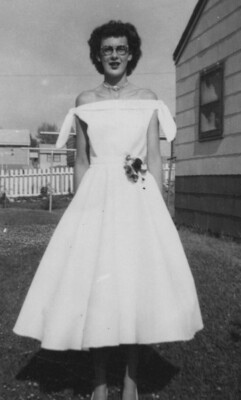 1950s Pretty Woman Smiling Prom Dress White Fence Suburban Backyard