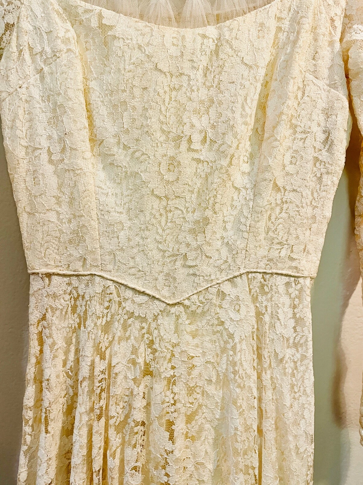 OFF WHITE Abito da sposa vintage anni 50 bianco sporco pizzo e tulle perle nuovo look gonna a cerchio *xxs xs