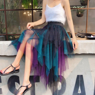 Damen Tüll Netz Farbverlauf Rock Unregelmäßig Netzgewebe Tutu Halb Kleid Mini
