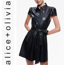 NWT💕$395 Alice + Olivia Carolyn Cap Sleeve Faux Leather Shirtdress Size 0