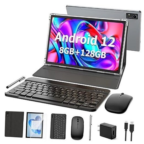 Android Tablet with Keyboard, 10 inch Android 12 Tablet, 8GB RAM 128GB Black
