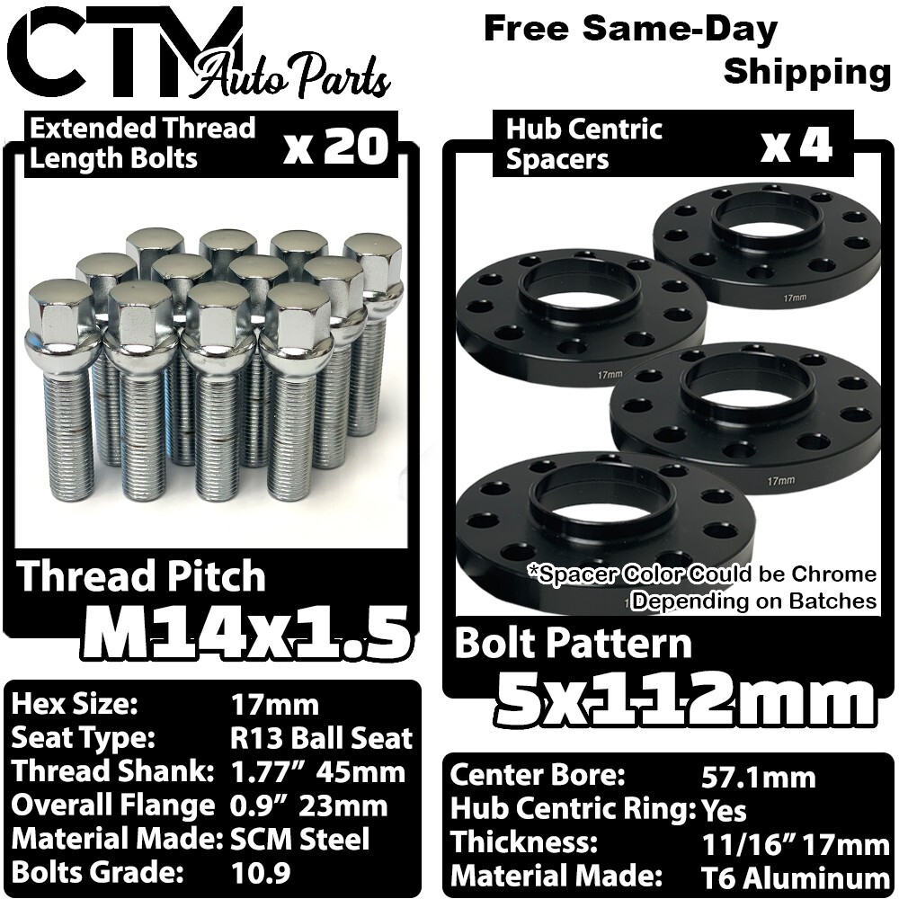 4x 17mm Thick 5x112 57.1mm CB Wheel Spacer Chrome Bolt Audi McLaren Stock Wheels