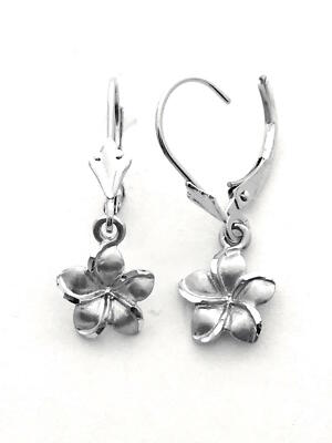 14K Solid White Gold Hawaiian Plumeria Flower Earring W: 9 mm L: 25 mm E2512-70