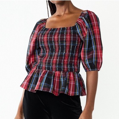 K22 Draper James RSVP Tartan Plaid Smocked Puff Sleeve Peplum Top Women's XL