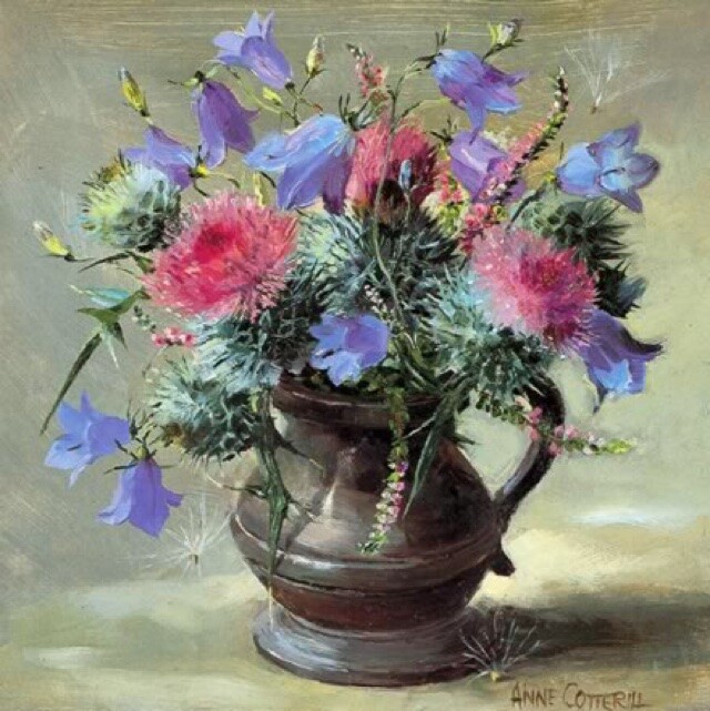 Anne Cotterill Art Blank Greeting/ Birthday Card - Thistles & Harebells Flowers