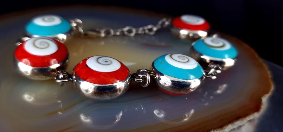 Armband Silber 925 Türkis Achat Muschel - außergewöhnlich & plakativ - Bild 3 von 4