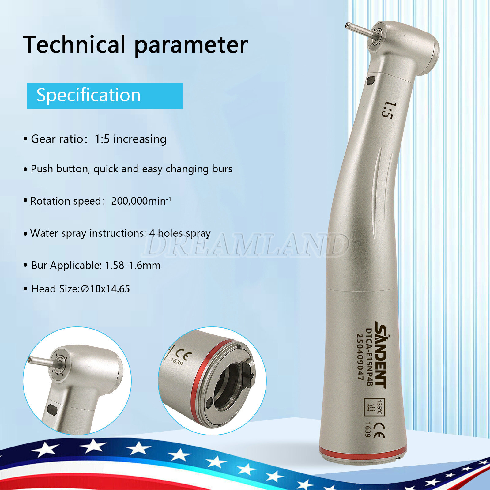 SANDENT Dental 1:5 Increasing LED Contra Angle Handpiece E type