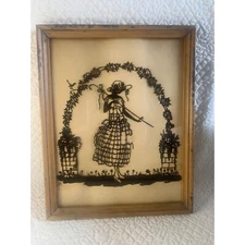 Vintage Girl with Arbor Reversed Painted Silhouette with Wood Frame Glass 7.5x10