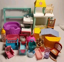 Lot Of Over 25 Doll Accessories Larger Pcs.,cradel Crib Chair Sink Doghouse(15)