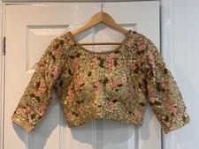 Gold Lengha Skirt with Sleeve Blouse and Net Scarf Size 12/14