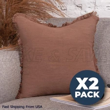 Linen Throw Pillow Covers 20x20 Inch Cinnamon Brown Farmhouse w/ Fringe / 2 Pack