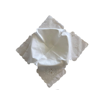 Bread Hot Roll Basket Scalloped Liner Doily Embroidered Crocheted Cotton White
