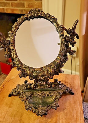 Vintage Victorian Ornate Cast Metal Vanity Table Mirror Art Nouveau Bronze Style