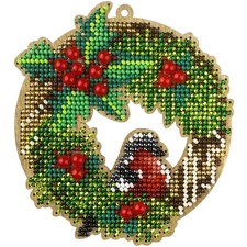 DIY Bead embroidery kit on wood Christmas Bullfinch Wreath Craft gift
