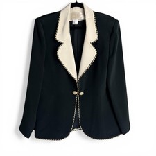 Vintage Silk Black and White Women's Blazer with Decorative Trim