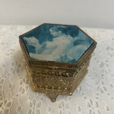 Vintage MELE Brass Trinket Box Young Girl Reading Frangonard Fabric VelvetJapan