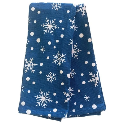 Midnight Blue & White Christmas Snowflake Kitchen Towel Set 2 Cotton Dish Towels