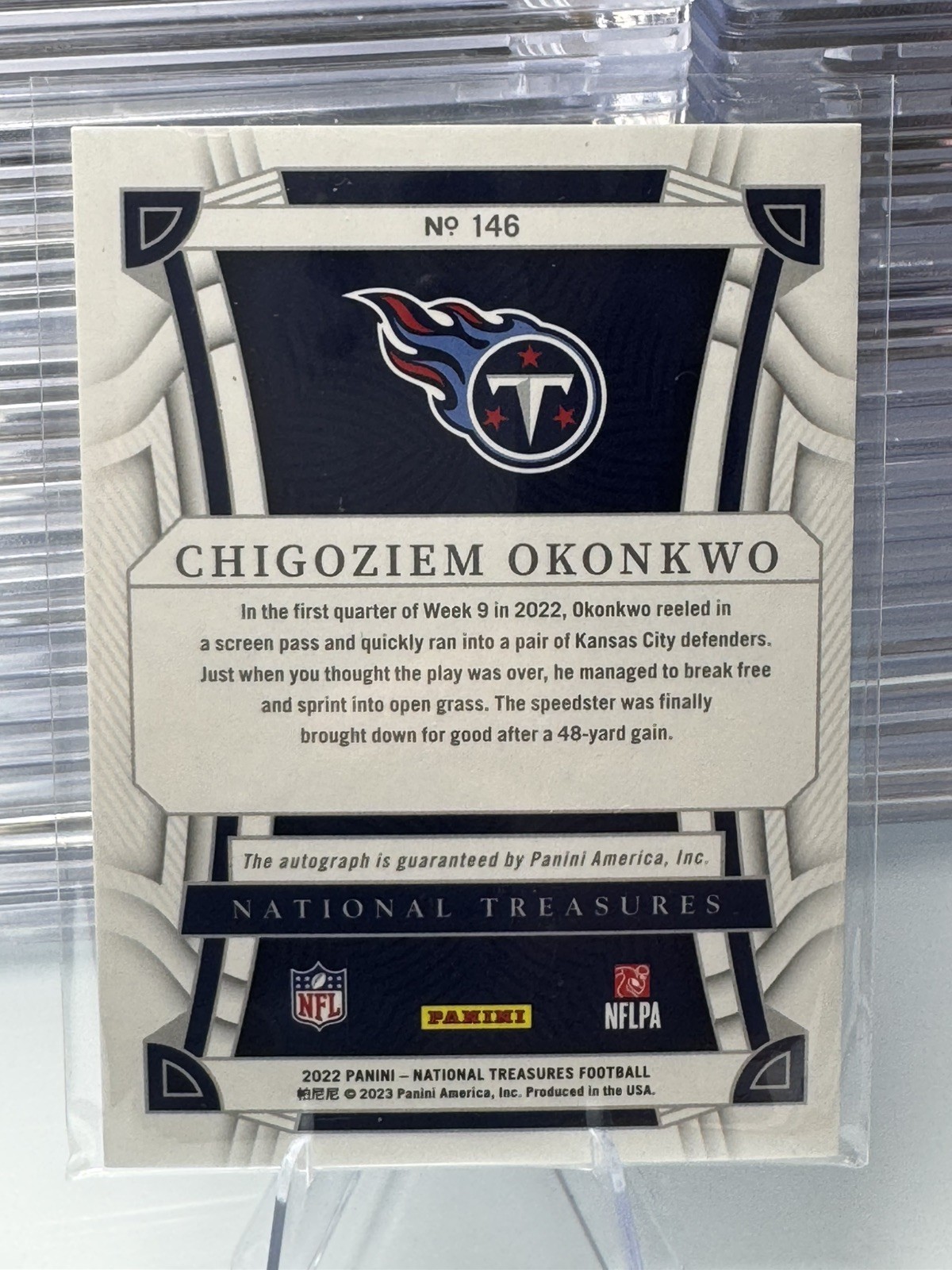 2022 Panini National Treasures Chigoziem Okonkwo RC Auto 15/25 Tennessee Titans view 3