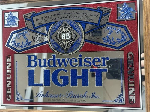 VINTAGE BUDWEISER BEER ANHEUSER BUSCH MIRRORED OAK WOOD FRAME BAR SIGN 14/11 In.