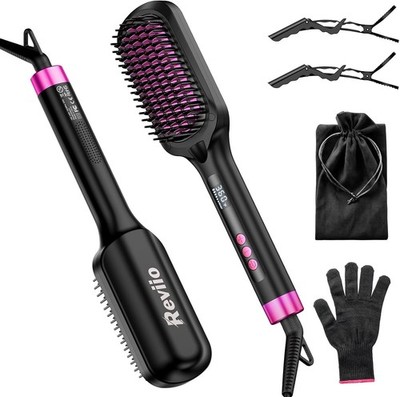 Reviio 30s Fast Heat Hair Straightener Brush Ionic Anti-Scald Auto-Off Dual Volt