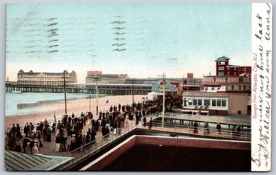 1907 Young's Pier Atlantic City NJ Boardwalk Crowd ANTIQUE Postcard 5654