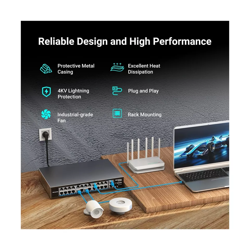 24 Port PoE Switch Unmanaged, 24 Port PoE+@400W, 2 Gigabit Uplink Ports, NICG... - Image 3 of 4