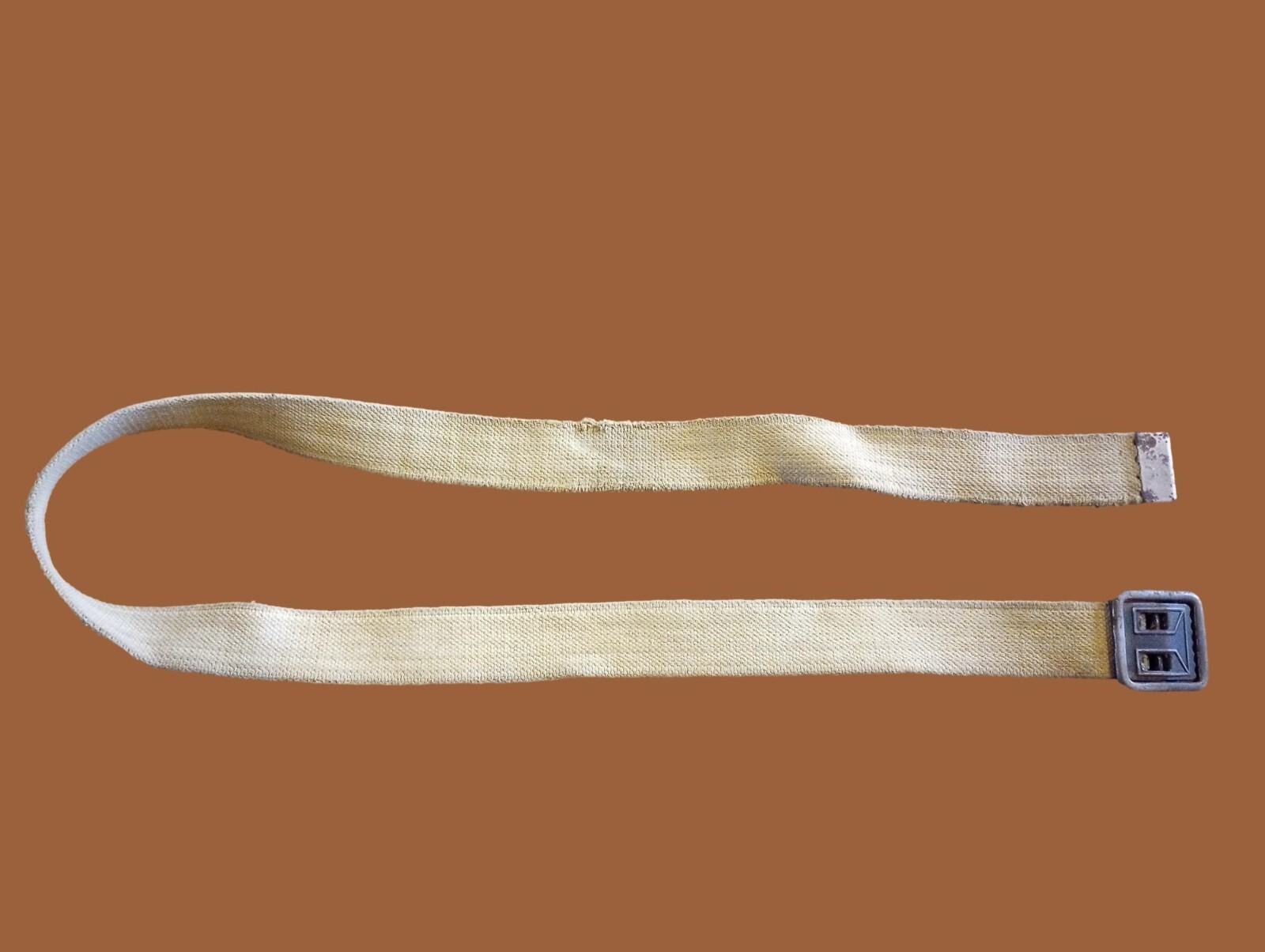 MILITARY ISSUE FRENCH ARMY KHAKI WEB BELT WITH OPEN FACE BUCKLE LARGE WWII ERA