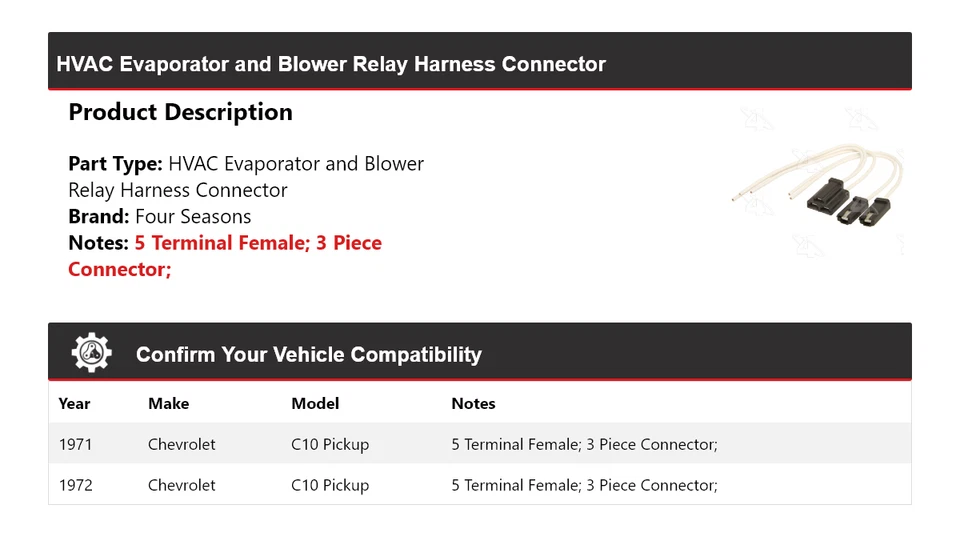 Chevrolet C10 1971-72 camioneta HVAC evaporador/soplador relé arnés Conn 4 estaciones Foto 2 de 4