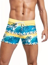 New Men's Sexy Yellow Wave Square Cut Swim Brief - Gay Interest