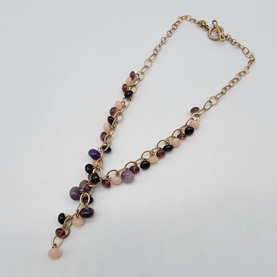 Liz Claiborne Amethyst Bead Charm Y Drop Necklace Gold Tone 16" - Image 2 of 4
