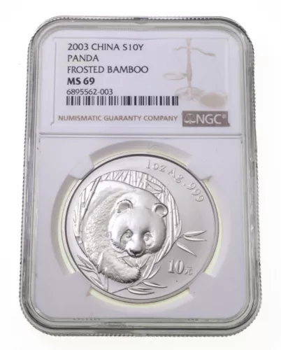 2003 China S10Y Silver Panda Frosted Bamboo NGC MS69 1 Oz.