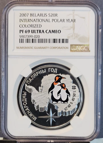 2007 BELARUS SILVER 20 ROUBLES S20R PENGUINS NGC PF 69 ULTRA CAMEO TOP POP