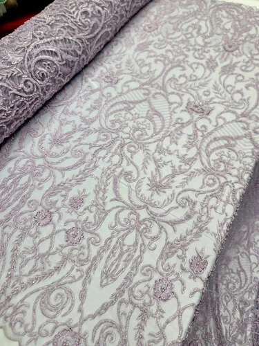 LAVENDER Beaded Lace Embroidery Lace Fabric Sold by The Yard Victorian Damask  - Image 4 of 4