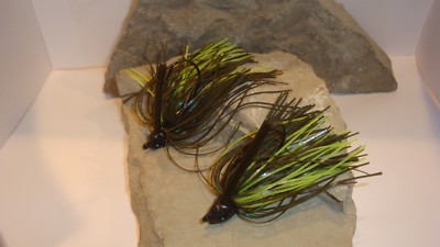 TWO 3/8 OUNCE POISON TAIL JIGS  + 55 STRANDS  **GREEN PUMPKIN CANDY CHARTREUSE**