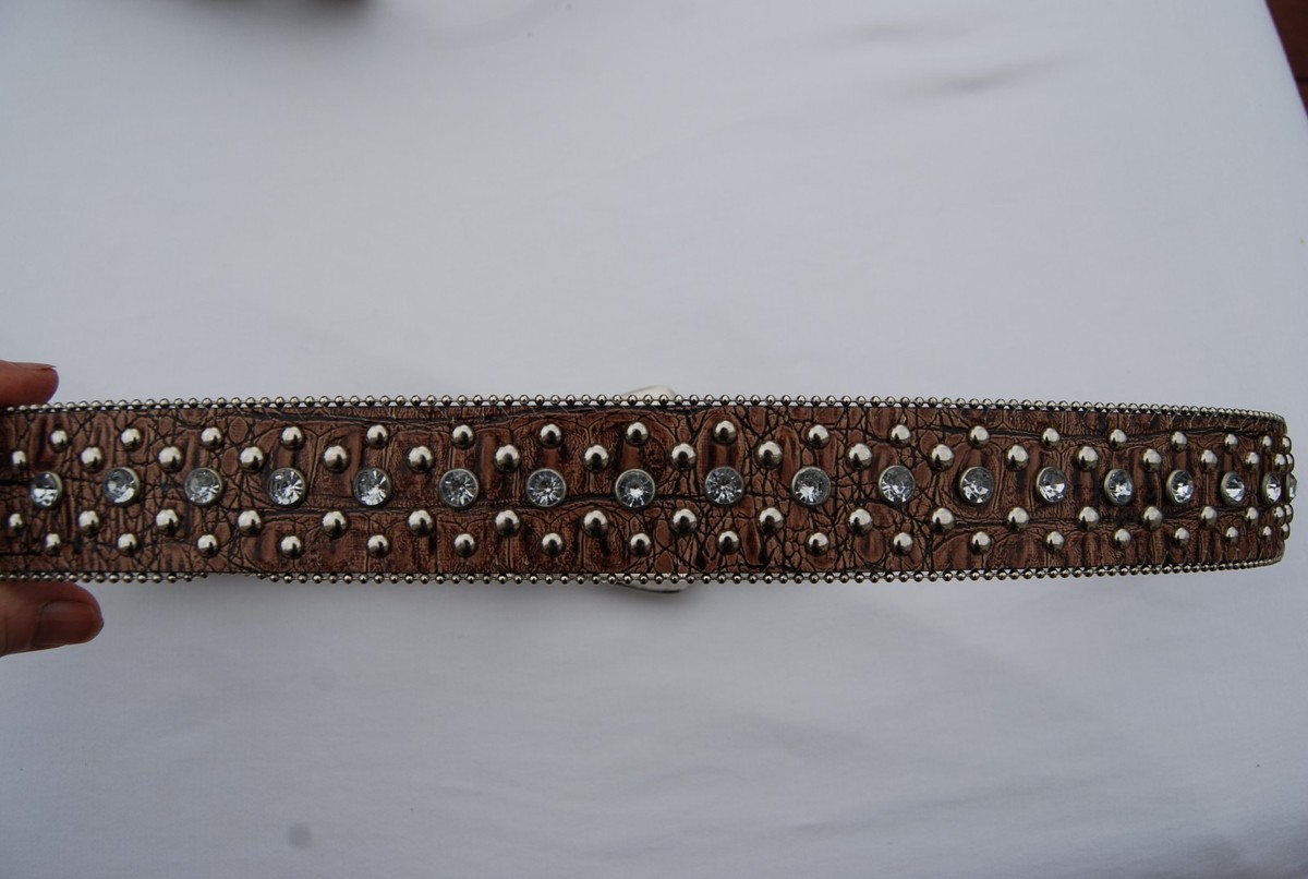 New Brown Croc Embossed Leather GUESS Belt Studs & Crystals 